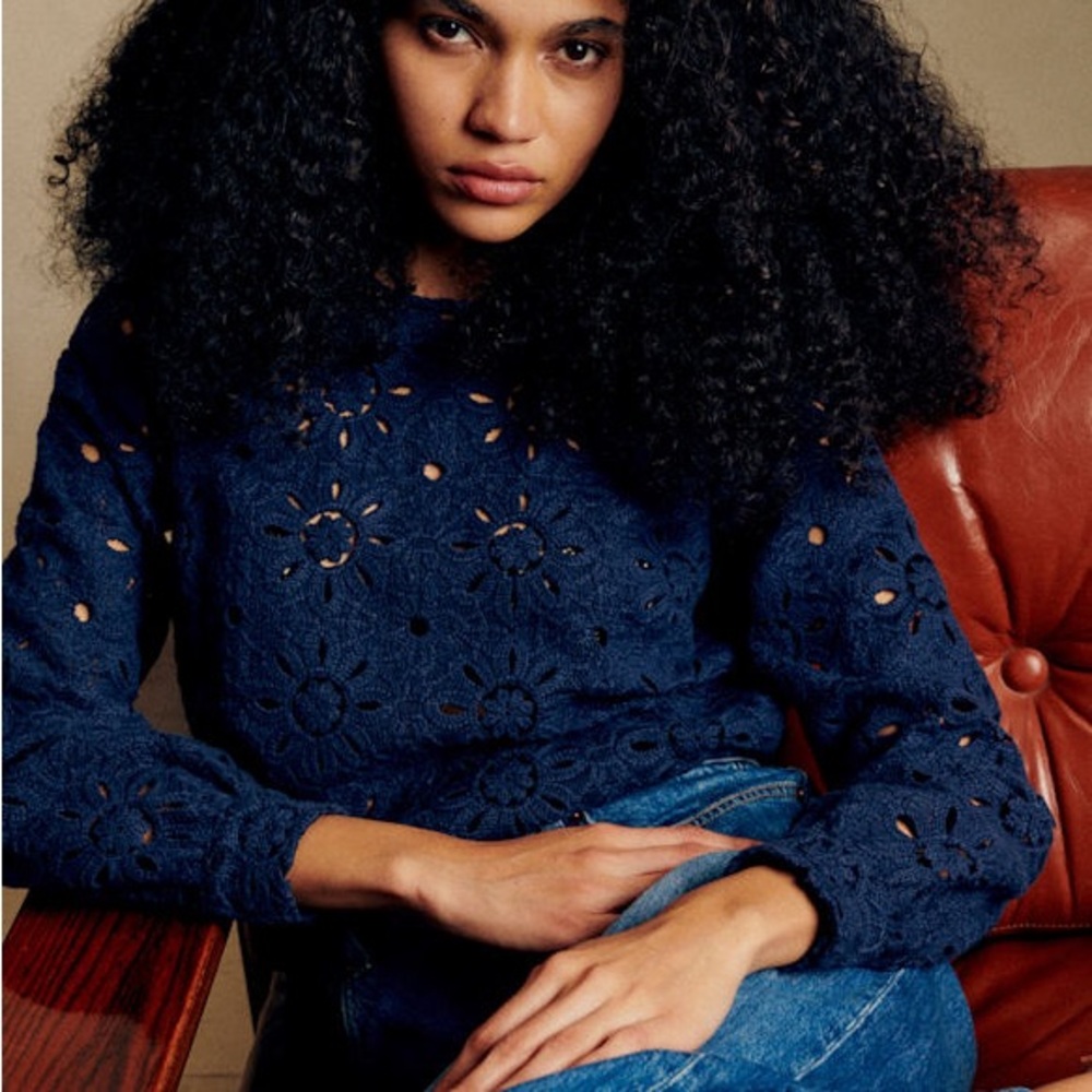 Sezane Jesse Navy Blue Lace Blouse NWT